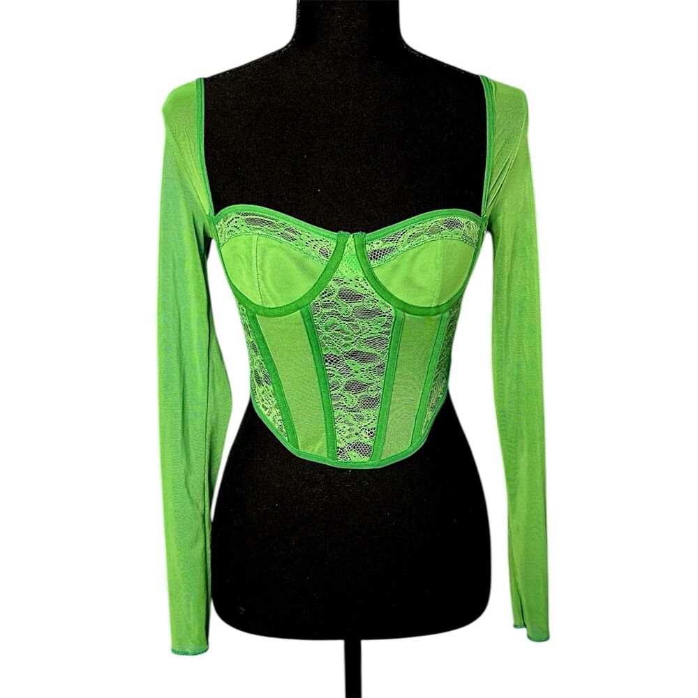 Womens Green Lace Corset Top - XS Festival Vibrant Regency Fairy Mesh Sheer Rave